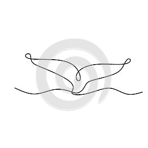 Whale`s tail one line drawing isolated on white background. Big fish mammal animal in the sea on the wave. Wildlife concept. Hand