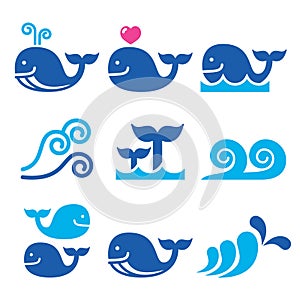 Whale, sea or ocean waves blue icons set