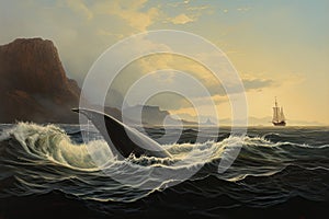 Whale in the sea at sunset. 3d rendering. Computer digital drawing, Seascape with Whale tail, AI Generated