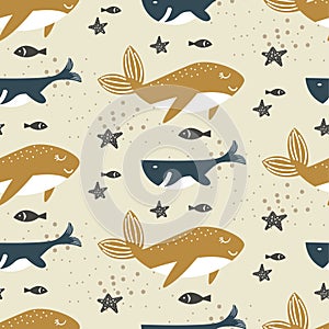 Whale seamless vector pattern. Cartoon style blue and yellow fun fish background.