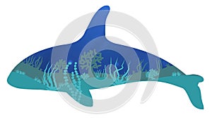 whale-shaped silhouette with underwater scenery
