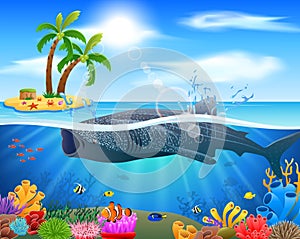 Whale shark cartoon with underwater view and coral background.