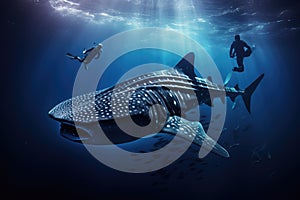 Whale shark and diver in deep blue ocean. 3D rendering, giant Whale shark swimming underwater with scuba divers, AI Generated