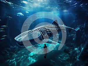 Ai Generated illustration Wildlife Concept of Whale shark and the diver