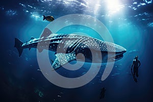 Whale shark swimming in the blue ocean. 3d illustration, giant Whale shark swimming underwater with scuba divers, AI Generated