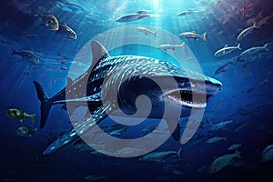 Whale shark swimming in blue ocean. Underwater world. 3d rendering, Whale shark and school of sharks in a deep blue ocean, AI