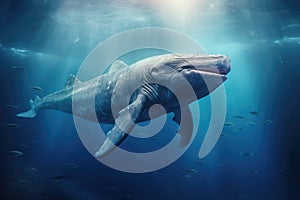 Whale shark swimming in deep blue ocean. This is a 3d render illustration, Humpback whale jumps out of the water with lots of