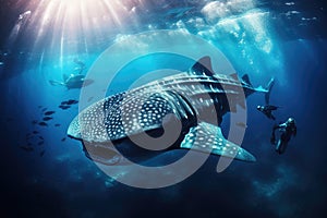 Whale shark swimming in deep blue ocean. Underwater world, giant Whale shark swimming underwater with scuba divers, AI Generated