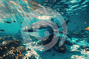 A whale shark swims among coral reefs in clear, sunlit water