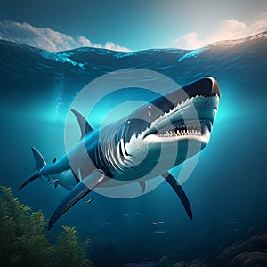 Whale shark underwater in deep blue ocean. 3D Rendering Generative AI