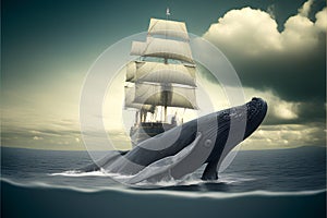 Whale and ship in the sea. 3D render illustration.