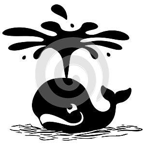 Whale Silhouette Swimming and Squirting Water out Blowhole Isolated with Clipping Path