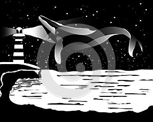 Whale in the sky over the sea black white vector.