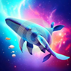 Whale in the space. Cartoon style. Vector illustration for kids. AI generated