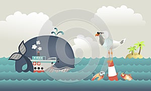 Whale, steamship and seagull in blue sea