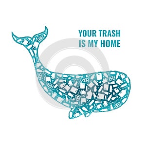 Whale stop ocean plastic pollution concept