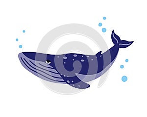 Whale. Stylized dark blue character with air bubbles. Cartoon hand drawn illustration of cute ocean animal, marine mammal.