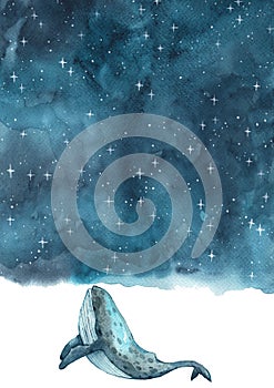 Whale swimming on the night sky among the star watercolor hand painting background.