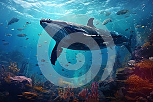 Whale swimming in the ocean with fish and other fish, AI