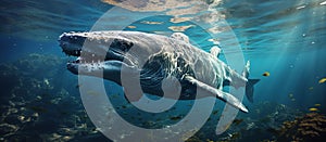 Whale swimming underwater in deep blue ocean