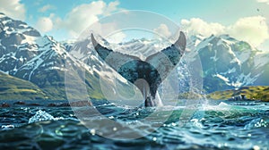 Whale tail emerging from the ocean with a splash, distant mountains in the background