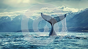 Whale tail emerging from the ocean with a splash, distant mountains in the background