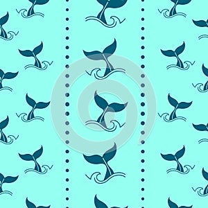 Whale tail fin. Dolphin pin. Doodle pattern. Repeated texture sea with shark in ocean water. Wild nature fish. Swimming