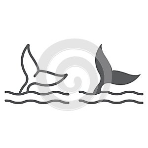 Whale tail line and glyph icon, aquatic and animal