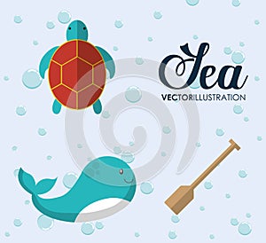 Whale and tortoise icon. Sea animal cartoon. Vector graphic