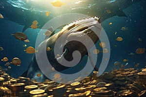 Whale underwater with gold coins. 3D Rendering and illustration. Big whale eating thousands of golden coins of Bitcoin in the