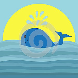 Whale with water fountain. Sea ocean wave. Sunset. Cute cartoon character with eyes, tail, fin. Smiling face. Kids baby animal col