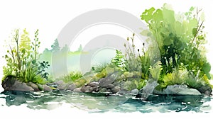 Whale Watercolor Illustration In Forest Landscape