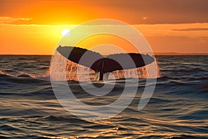 A whale waves its tail in the water at sunset, Generative AI