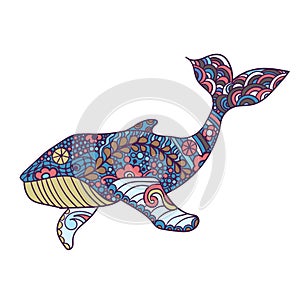 Whale, zentangle print, adult coloring page. Hand drawn artistically, ornamental patterned Whale illustration. Sea