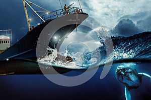 Whaler ship hunting a whale at the blue stormy sea illustration. Environmental protection and seafare concept photo