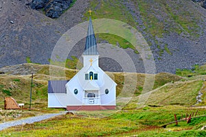 Whalers Church, historic church of Grytviken, South Georgia. Church of abandonded whale station