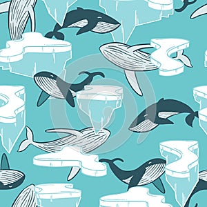 Whales in cold ocean fabric seamless pattern print winter background