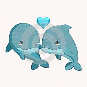 Whales kissing. Cute cartoon with two animals in love romantic illustration. Template for Valentine day. Blue colors. Generative