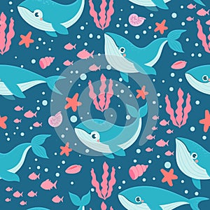 Whales seamless pattern. Funny sea animals happy orca, blue whale, kids nautical fabric print, underwater boy wallpaper