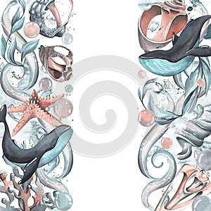 Whales with seashells, starfishes, bubbles, algae and corals turquoise. Watercolor illustration hand drawn. Template on