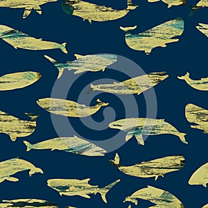 whales and sharks texture silhouettes of large fish of the oceans and seas seamless pattern