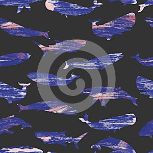 whales and sharks texture silhouettes of large fish of the oceans and seas seamless pattern