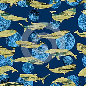whales and sharks texture silhouettes of large fish of the oceans and seas seamless pattern