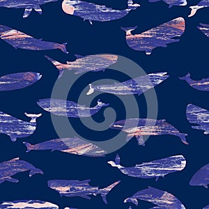 whales and sharks texture silhouettes of large fish of the oceans and seas seamless pattern