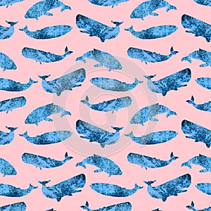 whales and sharks texture silhouettes of large fish of the oceans and seas seamless pattern