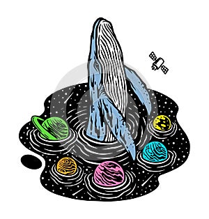 Whales swimming in the sea of stars illustration