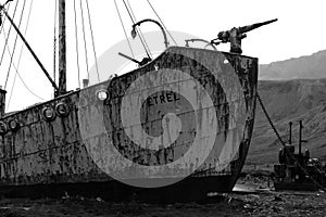 Whaling ship Petrel on the shore of Whaling station Grytviken in South Georgia