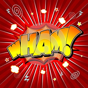 Wham illustration - yellow and orange text, red background