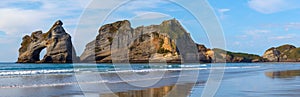 Wharariki Beach and Archway Islands panoramic view, Golden Bay,  New Zealand