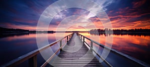 Wharf pier. sunset lake sky. red and blue sunset reflection on a lake